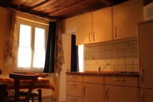 a kitchen with a sink and a table and a window at Ferienwohnungen Sonnenblumenhaus in Bamberg