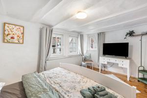 a bedroom with a bed and a flat screen tv at Das Häuschen 1650 in Alsfeld