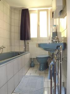 a bathroom with a sink and a tub and a toilet at Ferienwohnungen Sonnenblumenhaus in Bamberg