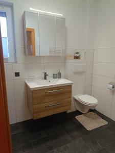 a bathroom with a sink and a toilet and a mirror at Apart Bergtraum Ried - Typ 2 in Ried im Oberinntal