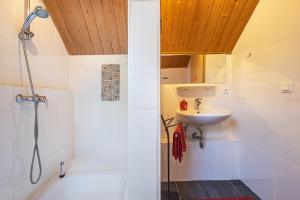 a bathroom with a shower and a sink at Ferienwohnungen zur Reuse in Mardorf +72 photos