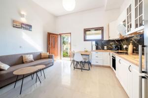 a kitchen and living room with a couch and a table at Melissa apartments in Halikounas +19 photos
