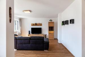 a living room with a couch and a tv at Manu's Bergblick in Arzl im Pitztal