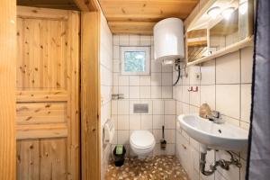 a small bathroom with a toilet and a sink at Bungalow 37b - Kimbucht in Reichendorf +17 photos