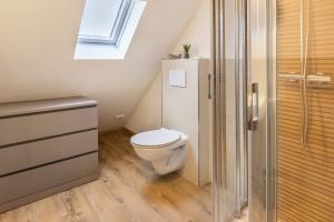a small bathroom with a toilet and a shower at Ferienwohnung Degen in Donaueschingen +7 photos