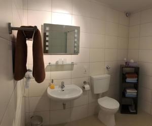 a bathroom with a sink and a toilet and a mirror at Ferienwohnung Poll in Wimbach