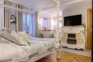 a bedroom with a bed with a fireplace and a tv at Demeure D'antan - Chambres d'hôtes in Beblenheim