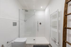 a white bathroom with a shower and a toilet at Casa Masoni in Colle di Val d'Elsa