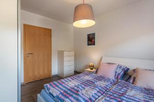 a bedroom with a bed and a wooden door at Haus Gisela - Stockkamp in Todtmoos