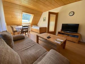 a living room with a couch and a tv and a table at Gästehaus Brigitte Schoch in Bad Rippoldsau-Schapbach