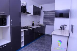 a kitchen with black and white cabinets and a stove at Winners Aparments in Mama +14 photos