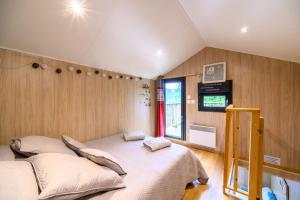 a bedroom with two beds and a television in it at Gîte Le Pieraline - Ventron in Ventron