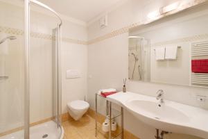 a bathroom with a sink and a shower and a toilet at Loderhof Sand in Taufers in Sand in Taufers +40 photos