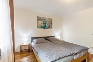a bedroom with a bed and two side tables at Hof Helmenhube 2 in Oberzent