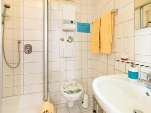 a bathroom with a shower and a toilet and a sink at Haus Fanjak in Uhldingen-Mühlhofen