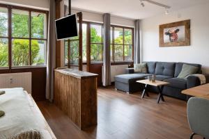 a living room with a couch and a tv at Ferienwohnung Am Mehlberg in Hinterzarten