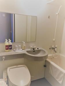 een badkamer met een toilet, een wastafel en een spiegel bij Hotel Crown Hills Yamagata in Yamagata