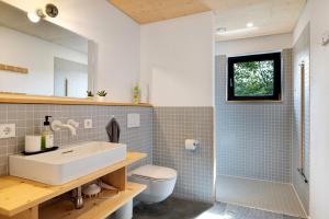 a bathroom with a sink and a toilet at Ferienappartements Bayer in Sigmarszell +53 photos