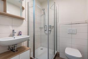 a bathroom with a shower and a sink and a toilet at Ferienwohnung im Hotel Reichskrone in Heidenau +23 photos