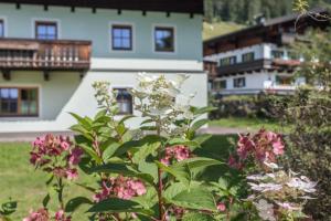 a flower bush in front of a house at Ferienwohnung Spielberg in Sankt Martin bei Lofer