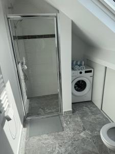a bathroom with a shower and a washing machine at Appartement 3 morangis in Morangis