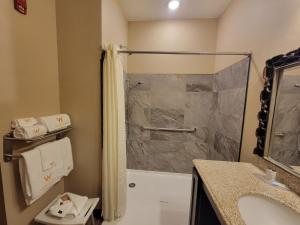 a bathroom with a shower and a sink at Wagon Wheel Yellowstone in West Yellowstone +8 photos