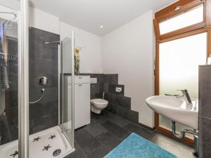 a bathroom with a shower and a sink and a toilet at Ferienwohnung Kobl in Immenstaad am Bodensee +11 photos