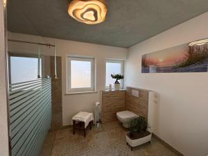 a bathroom with a shower and a toilet in it at Fewo Dandelion in Haag
