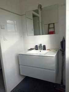 a white bathroom with a sink and a mirror at La Clematite d'Olt in Saint-Côme-dʼOlt +22 photos