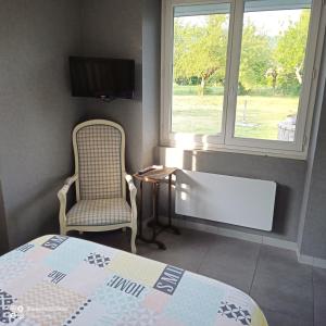 a bedroom with a bed and a chair and a tv at La Clematite d'Olt in Saint-Côme-dʼOlt