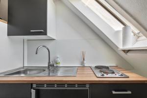 a kitchen with a sink and a stove in an attic at Storchennest in Ludwigsburg