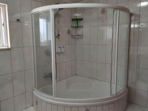 a shower with a glass door in a bathroom at Castle & Sea-Panorama Penthouse in Haraki +26 photos