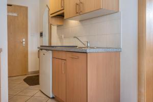 a kitchen with wooden cabinets and a sink at App Sonne Nr 20 in Lutago