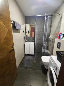 a bathroom with a shower and a toilet and a sink at Green Hills by MI in Podgorica +16 photos