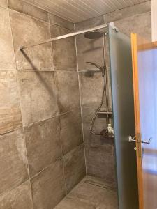 a shower with a glass door in a bathroom at Draußen am See in Losheim +36 photos