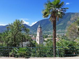 a building with a clock tower with a palm tree at Residence Hubertus Apartment 4 in Merano