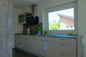 a kitchen with a sink and a window at Alpenblick 3 in Lindau-Bodolz +14 photos