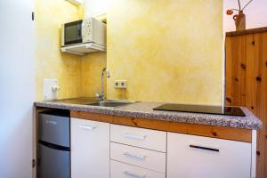 eine kleine Küche mit Spüle und Mikrowelle in der Unterkunft Apartment Sonnengärtchen in Blankenburg + 15 Fotos