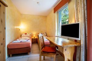 ein kleines Zimmer mit Schreibtisch und Fernseher in der Unterkunft Apartment Sonnengärtchen in Blankenburg