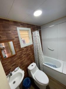 a bathroom with a toilet and a sink and a tub at Cabañas Isidora in Dalcahue +15 photos