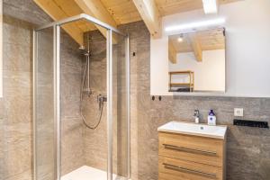 a bathroom with a shower and a sink at Apartment Alte Mühle in Scharnitz +26 photos