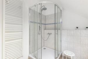a shower with a glass door in a bathroom at Ferienhaus Enztal in Zweifelscheid +21 photos