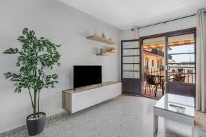 a living room with a tv and a potted plant at Chipiona Centro y Playa in Chipiona