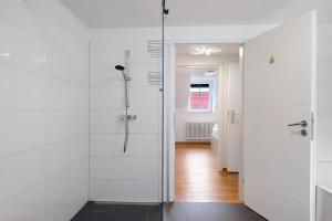 a bathroom with a shower and a glass door at Ferienwohnung Alte Münz in Müllheim +24 photos