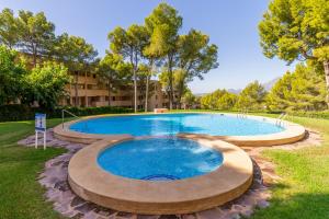a large swimming pool in a yard with trees at Simplicity luxury apartment in Altea