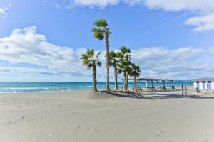 a row of palm trees on a beach with the ocean at Apartamento Corazón de Nerja in Nerja