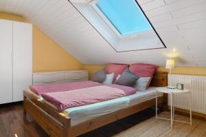 a bedroom with a bed with a skylight at Joos Boardinghouse in Radolfzell am Bodensee