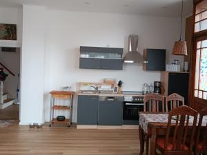 a kitchen with a table and a sink and a stove at Ferienwohnung Harz Idylle 2 in Güntersberge