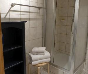 a bathroom with a shower and a stool with towels at Moorwiesenhof in Ostrach +112 photos