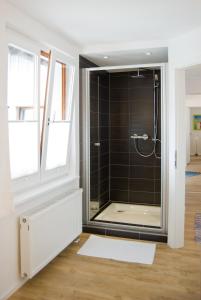 a bathroom with a shower with a glass door at kleines Landhaus Bodensee in Überlingen +23 photos
